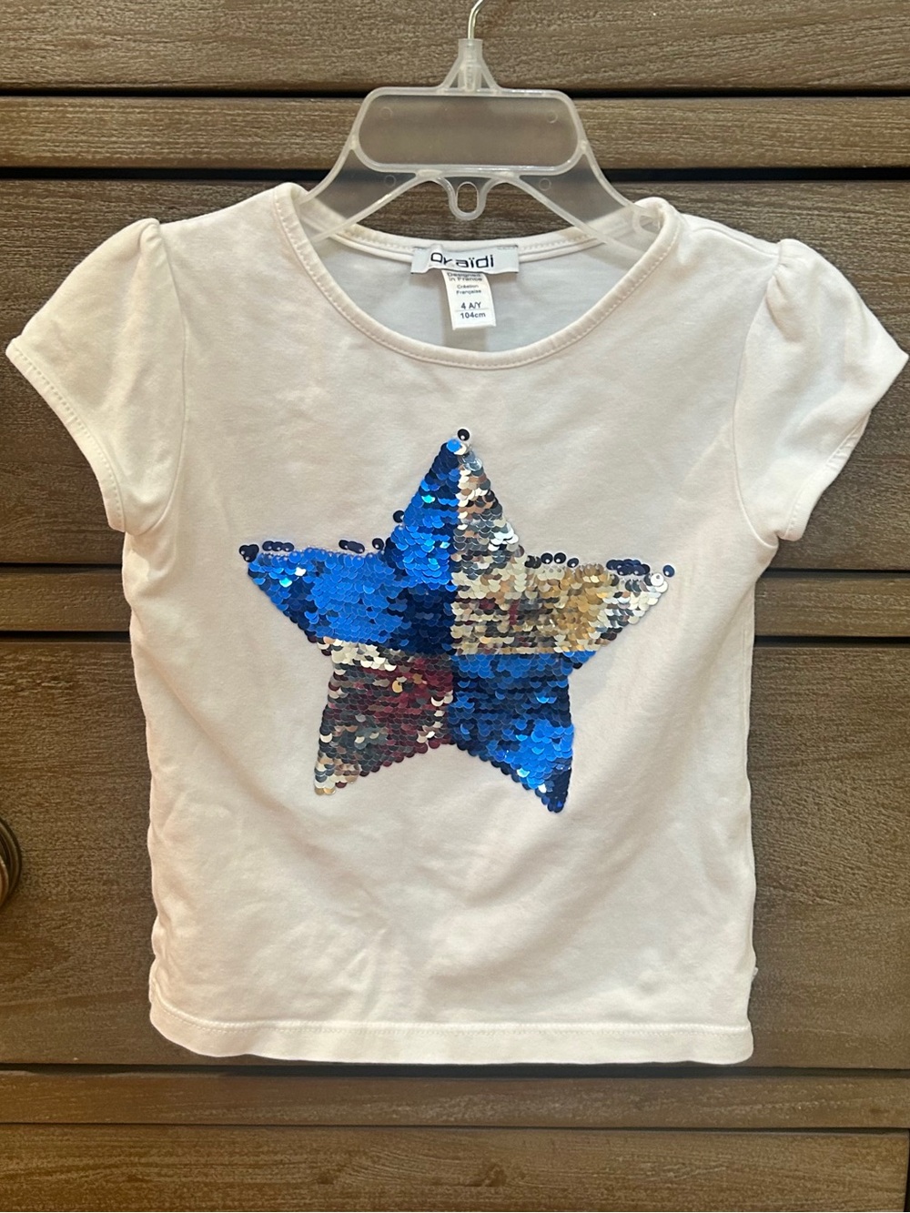 Okaidi White Short Sleeve Tee with Blue Reversible Sequin Star - Sz 4